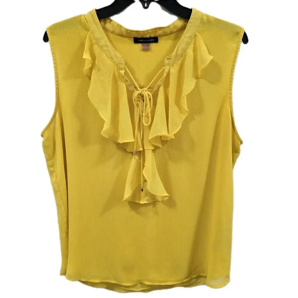 Tommy Hilfiger Womens XL Yellow Ruffle Tie Neck Chiffon Sleeveless Top blouse
